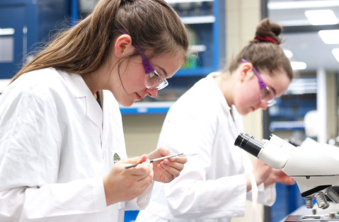 Deux étudiantes réalisent une expérience scientifique dans un laboratoire.