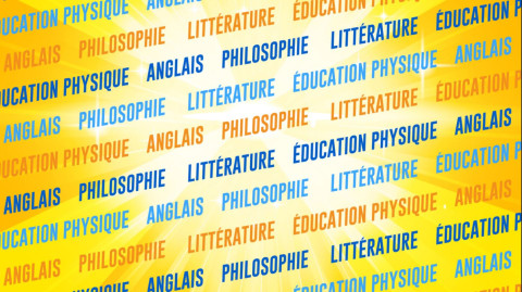 Sur un fond jaune, les noms des quatre disciplines de la formation générale sont inscrits, soit philosophie, français, éducation physique et anglais.