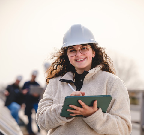 Étudiante debout avec un casque blanc qui tien un carnet dans ses mains