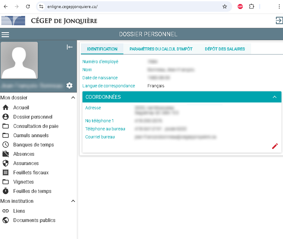 Capture d'écran PaieNET - coordonnées pour urgence
